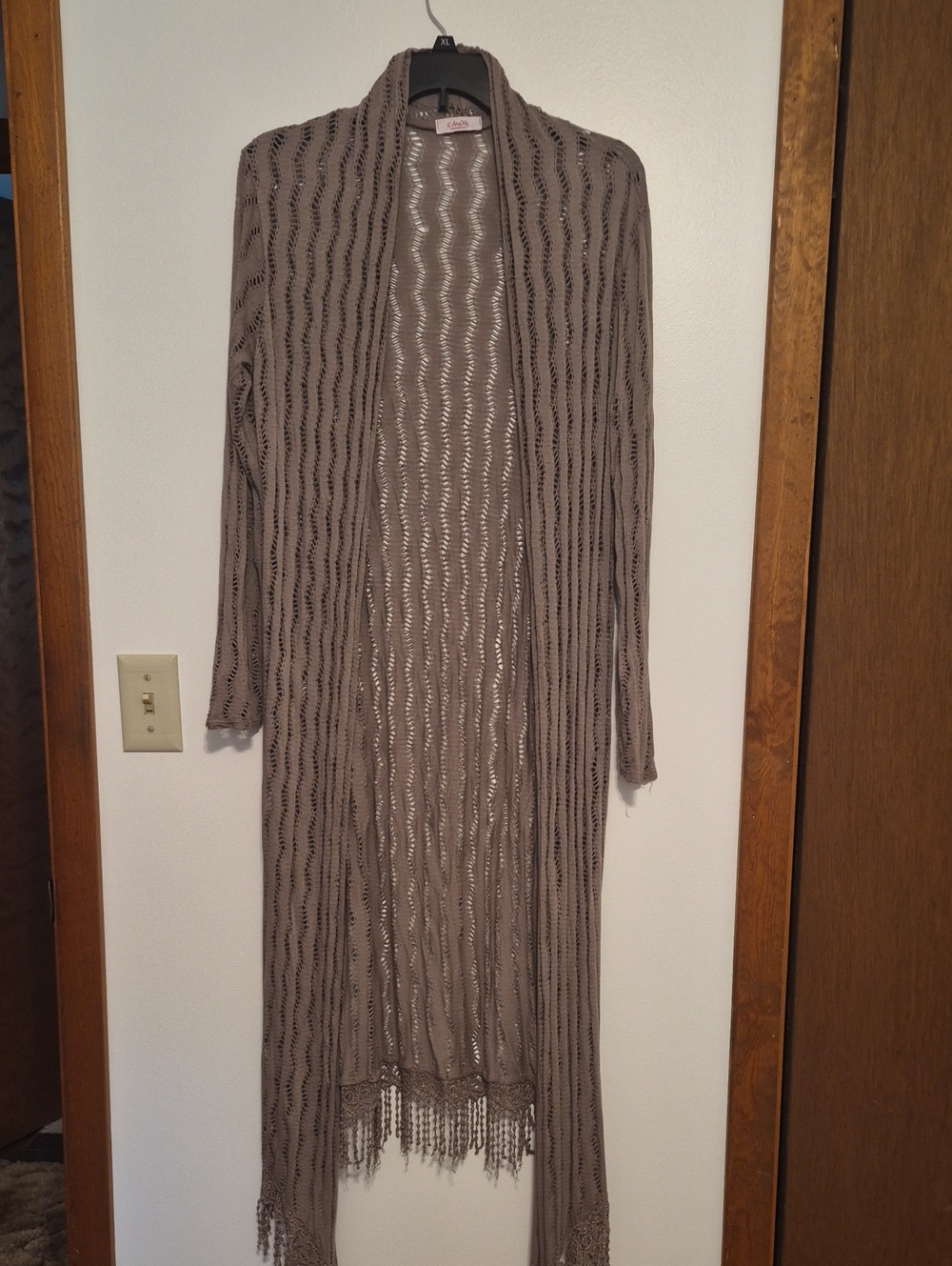 Scandal Long Openfront Fringe Knit Cardigan - Taupe SZ M